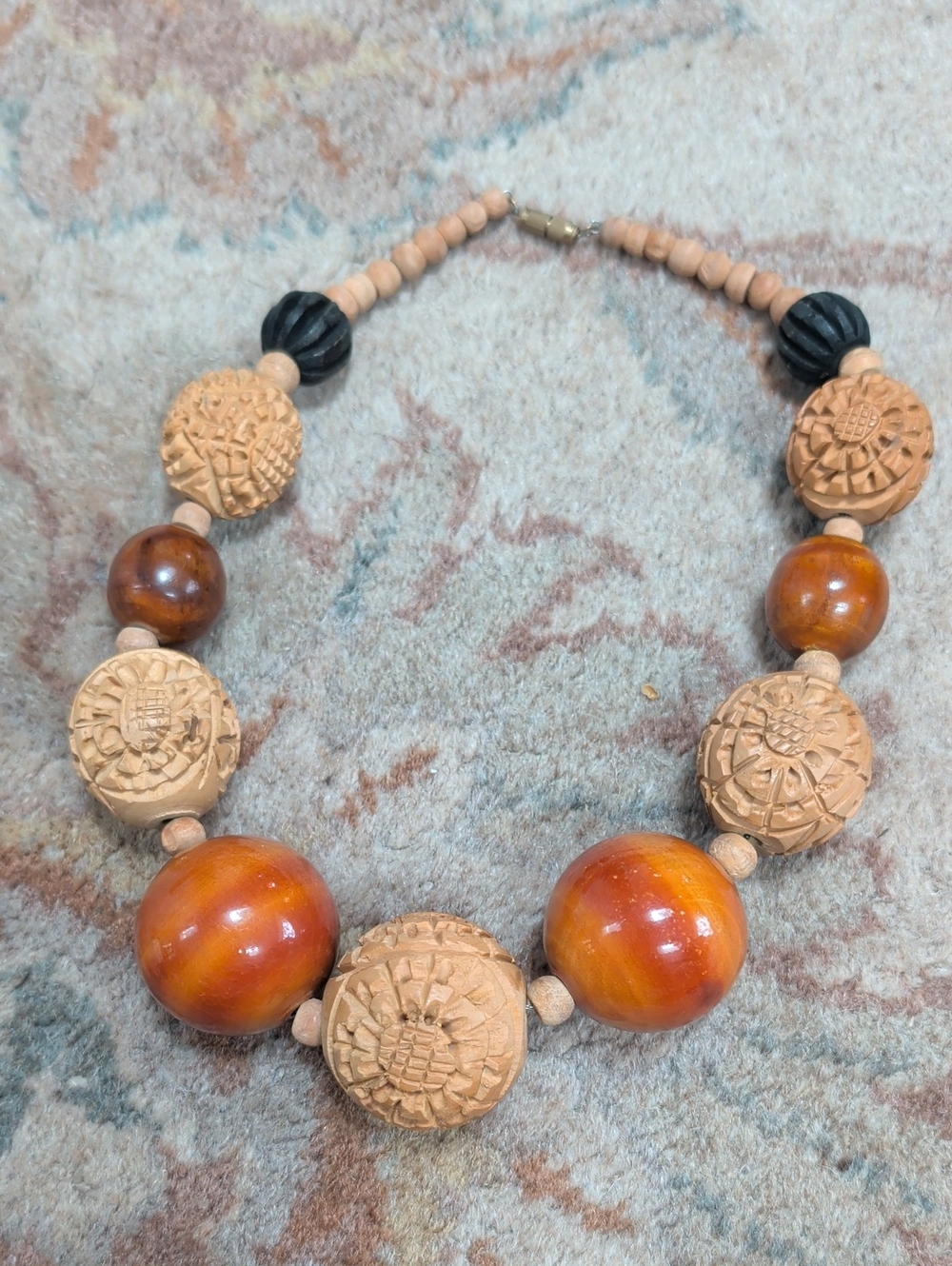 Modern Wood Handcrafted Sunburst Bead Necklace in Tan and Amber